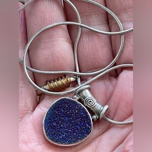 Sajen Stunning Sterling Silver purple Blue Druzy Pendant Italy 925 Necklace